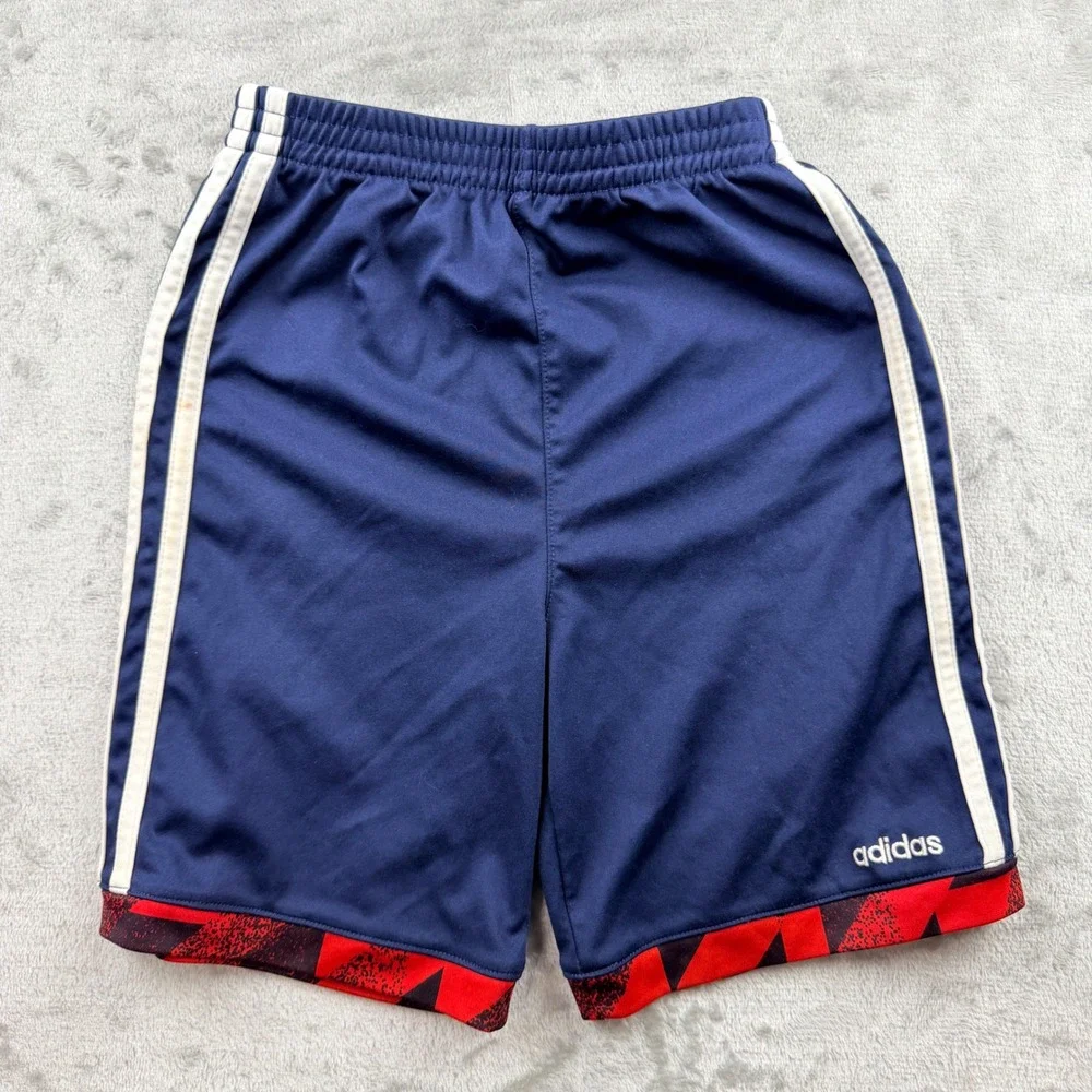 Adidas Navy Blue Shorts Kids Size 6 Red Graphic Hem Athletic Activewear